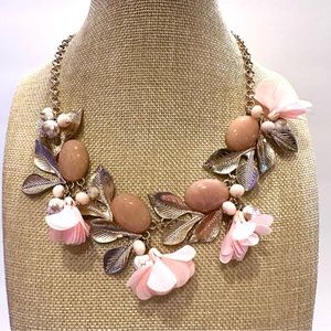 NWT Anthropologie Statement Necklace floral w/ gold leaves, pink petals, beads